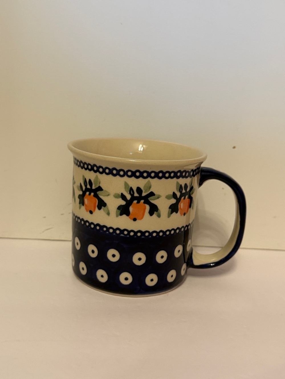 POLISH POTTERY MUG CUP BLUE WHITE GREEN ORANGE HOME DRINKWARE BOLESLAWIEC